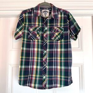Company 81 Men's Bright Colored Short Sleeve Plaid Shirt Navy Pink Green Medium